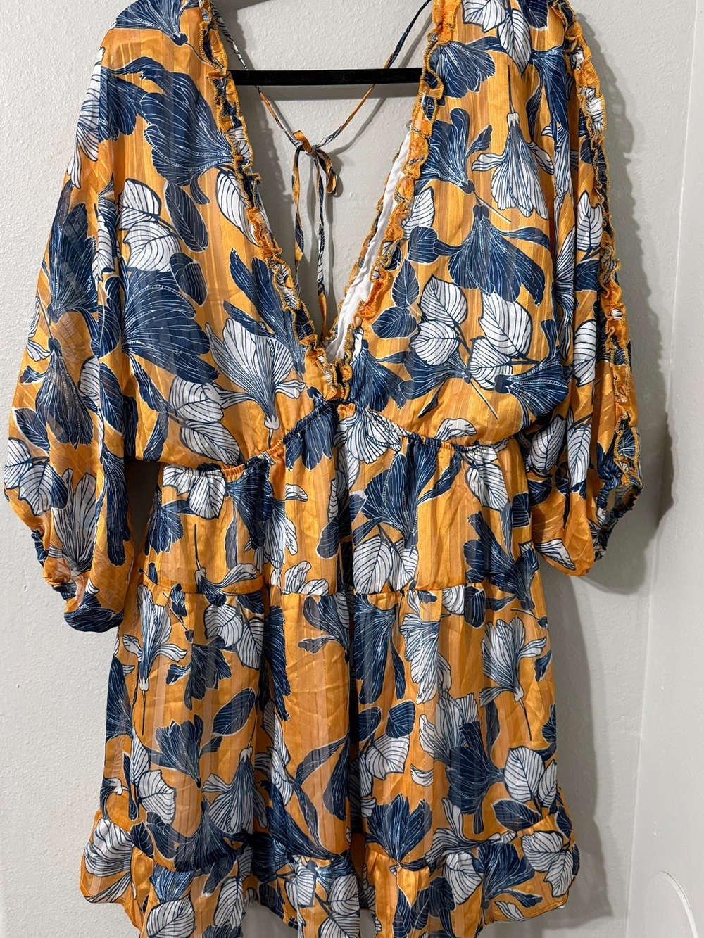 Tropical Floral V-Neck Flowy Sleeve Vacation Mini Dress Gold & Blue XL